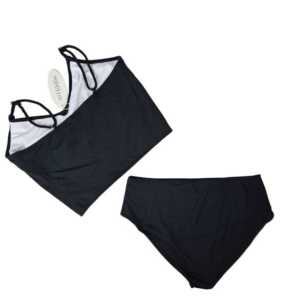 Black Ribbed Two-Piece Bikini Strappy Top & High-Waist Bottoms Womens Size M - Picture 2 of 8